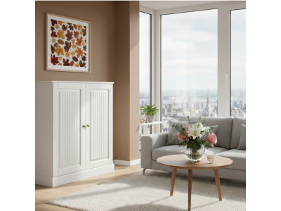 Armário gabinete de madeira no acabamento branco lavado/ Coleção Mille   